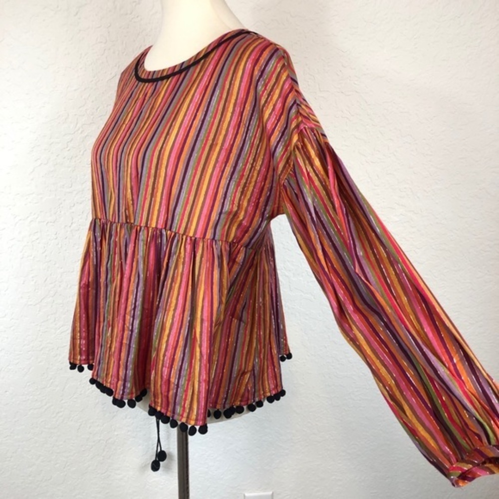Amaryllis Women’s Boho Multi Color Stiped Pom Pom Blouse Top Shirt Size Small